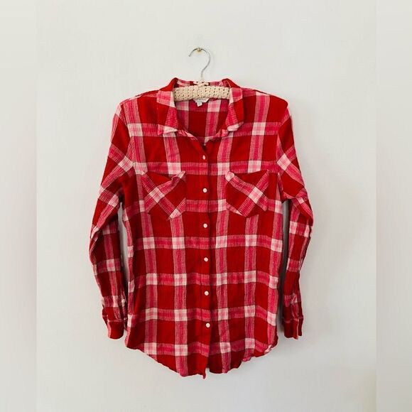 Lucky brand | red, white and pink plaid button down top | size large - Picture 1 of 6